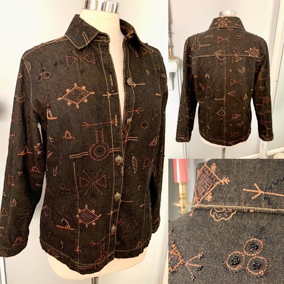 Chico’s Denim beaded Embroidered Jacket M 8 - Picture 1 of 14